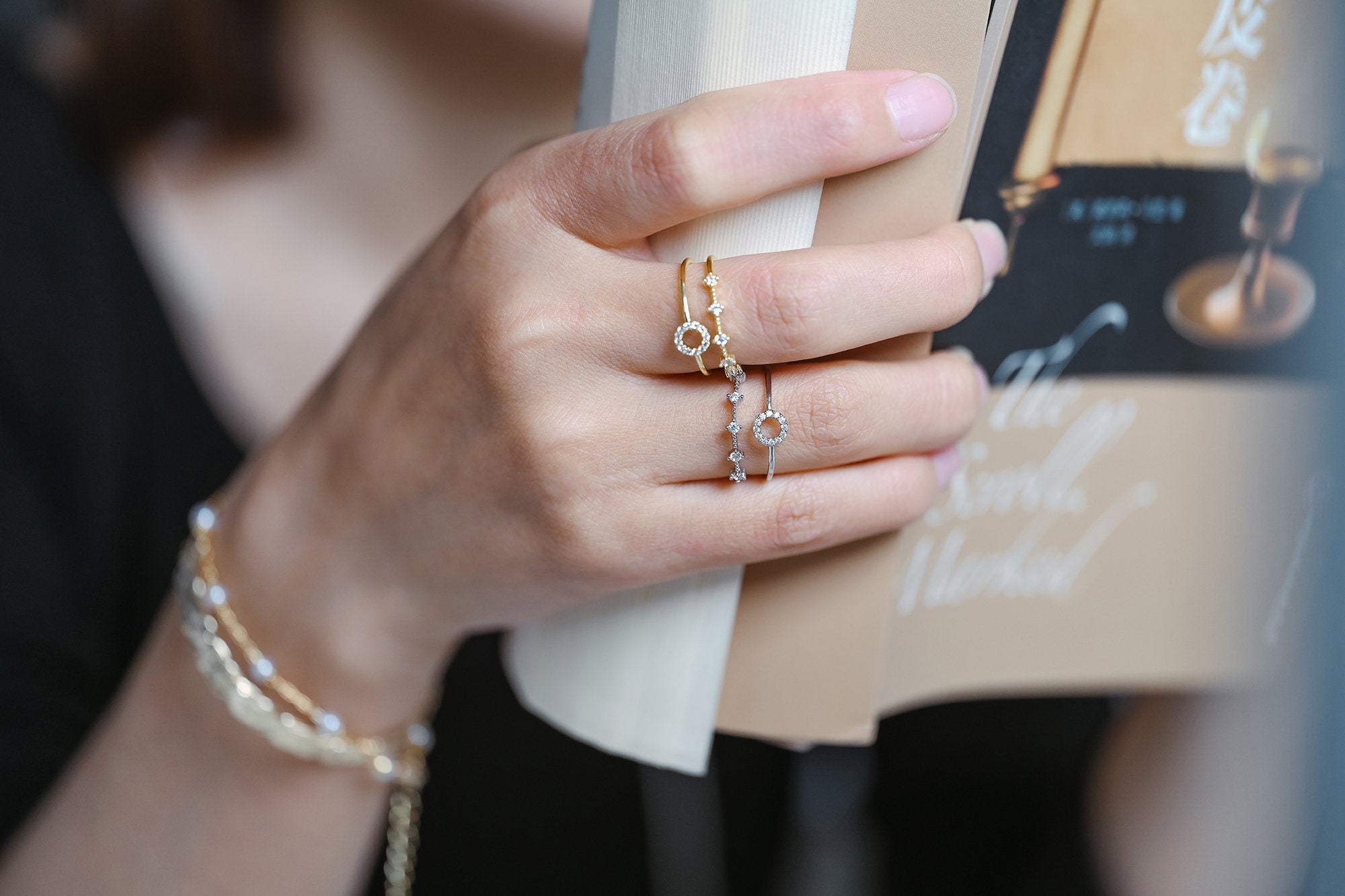 4pcs CZ Pave Double Band Circle Ring, Weeding Ring, Modern Style Ring, Fashion Rings, Dainty Rings, Adjustable Ring (#GB-4181)